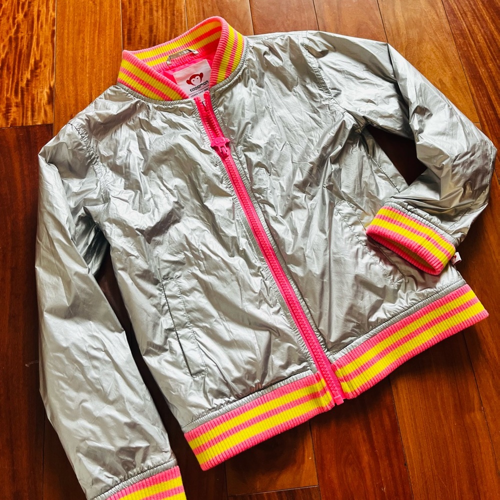 Kids Appaman Silver Bomber Jacket with Pink and Yellow Trim Sz 8